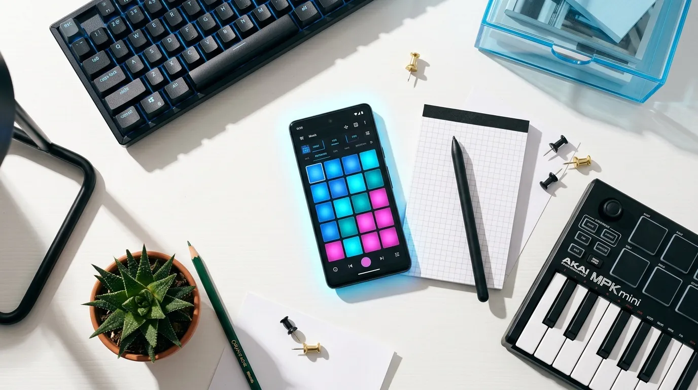 Bureau avec clavier, contrôleur musical, téléphone et accessoires créatifs
