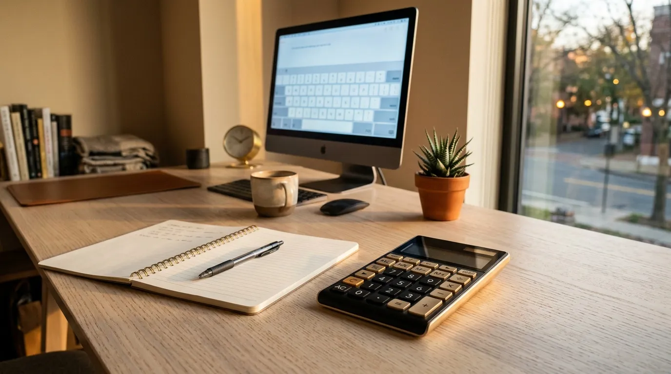 Bureau avec ordinateur, calculatrice, carnet et plante succulente