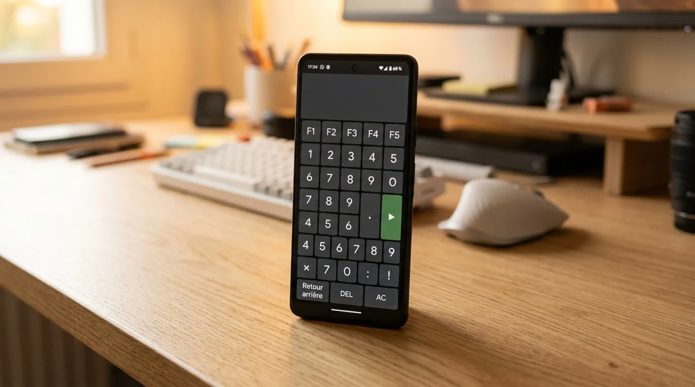 Téléphone affichant une application calculatrice avec pavé numérique