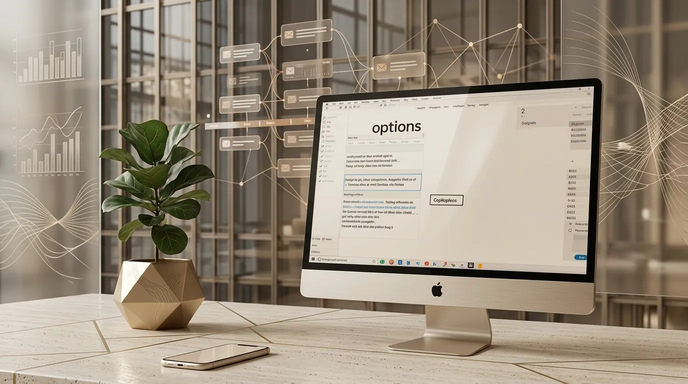 Bureau avec iMac affichant options, plante, smartphone et visualisations données