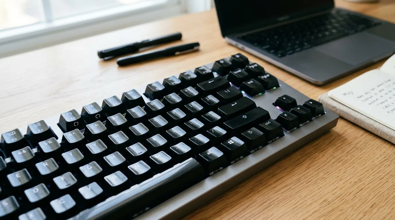 Clavier m&eacute;canique noir sur bureau avec laptop et stylos