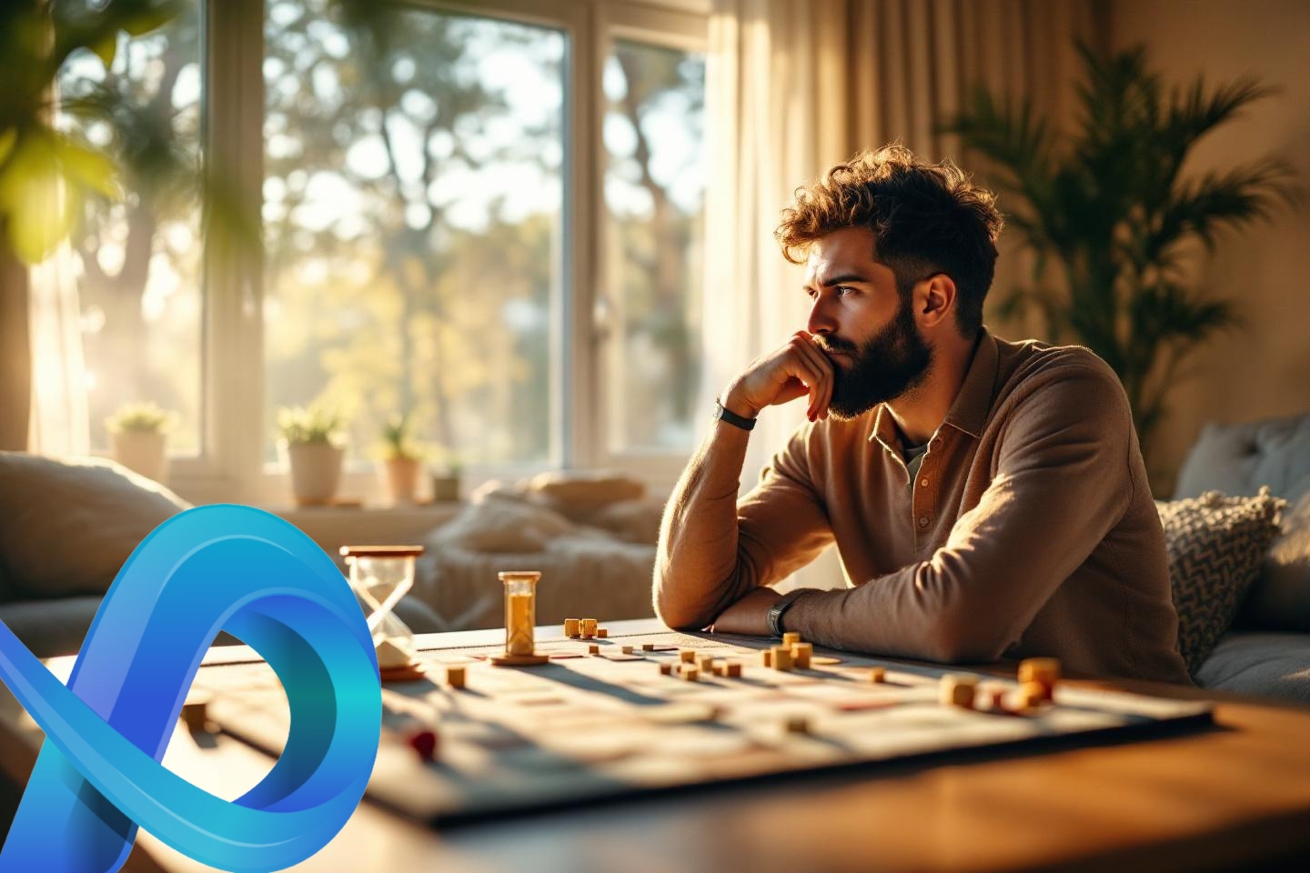 Homme barbu méditatif près d'un jeu de société