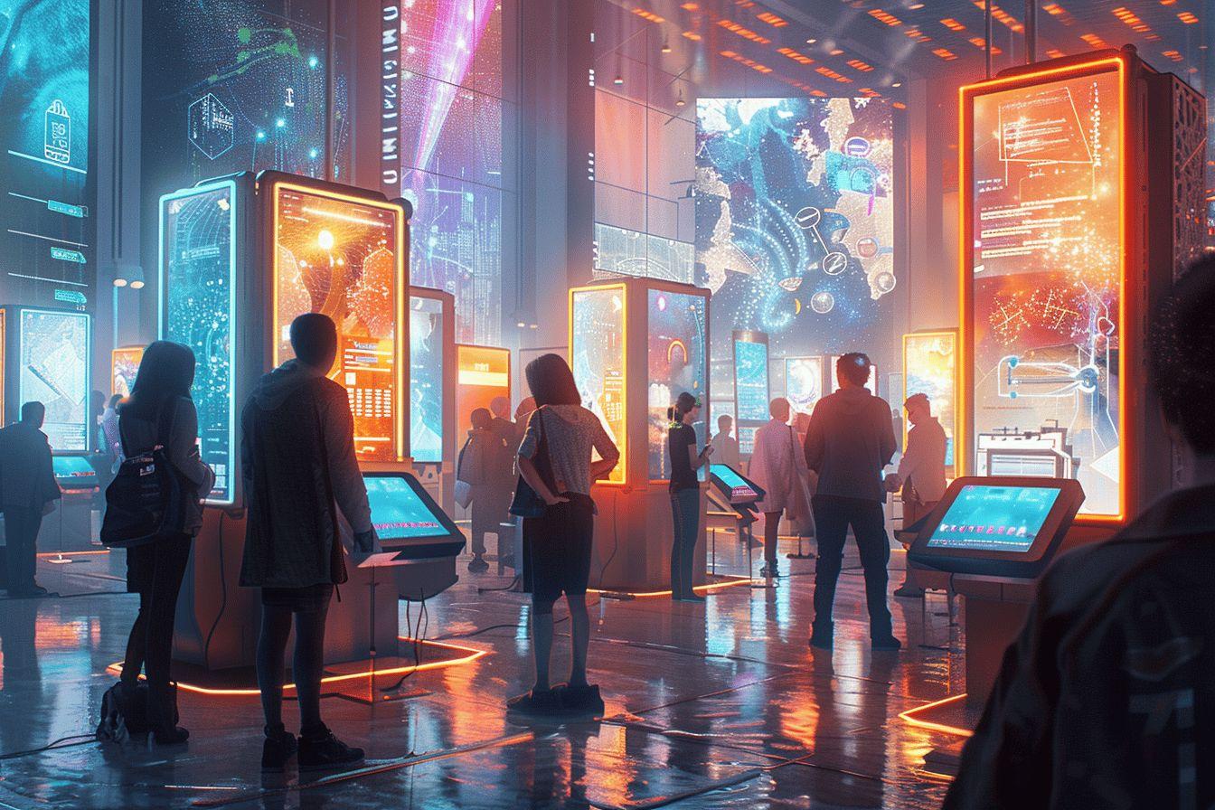 Groupe de personnes explorant une exposition interactive futuriste