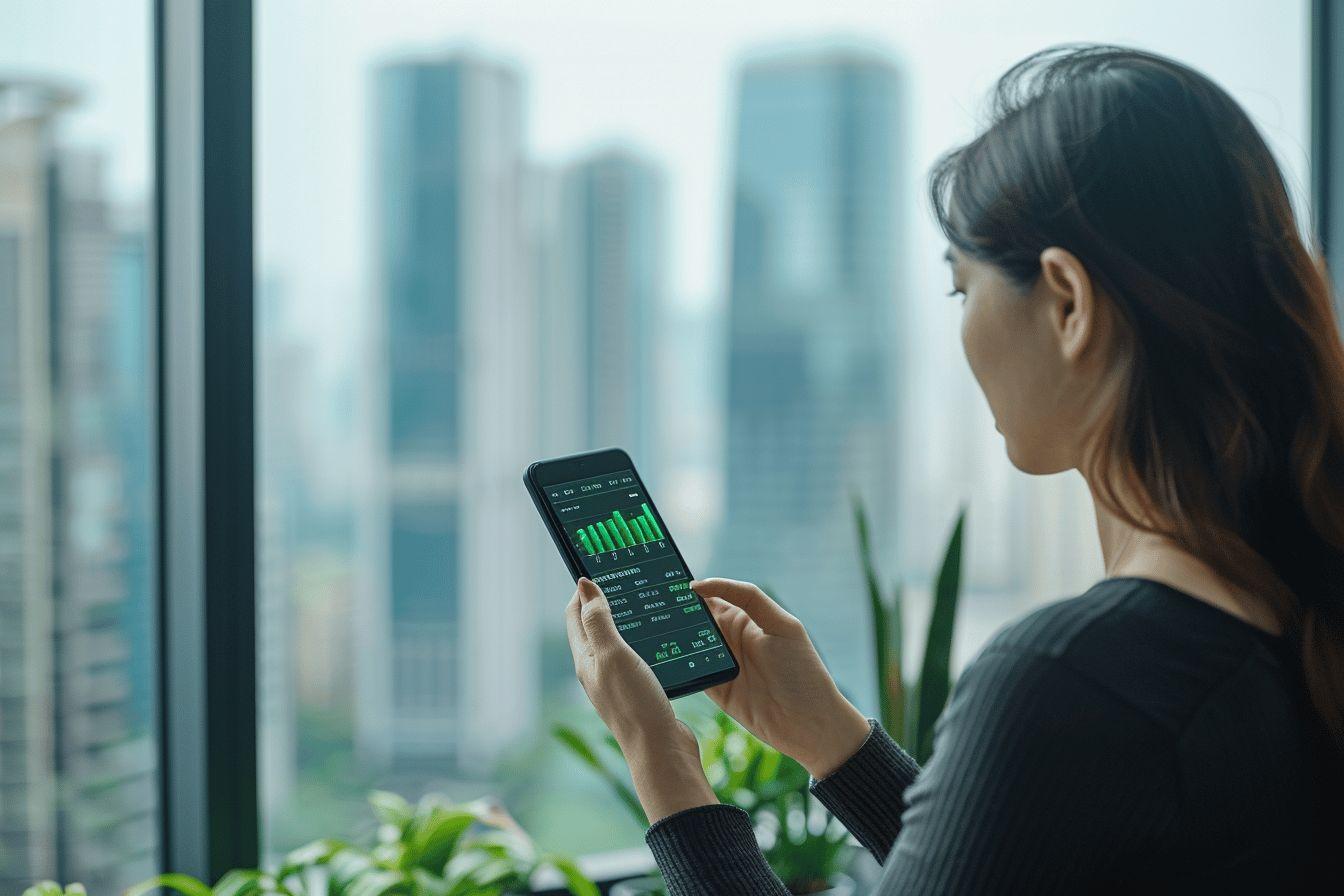 Femme observant un graphique sur un smartphone devant une vue panoramique urbaine
