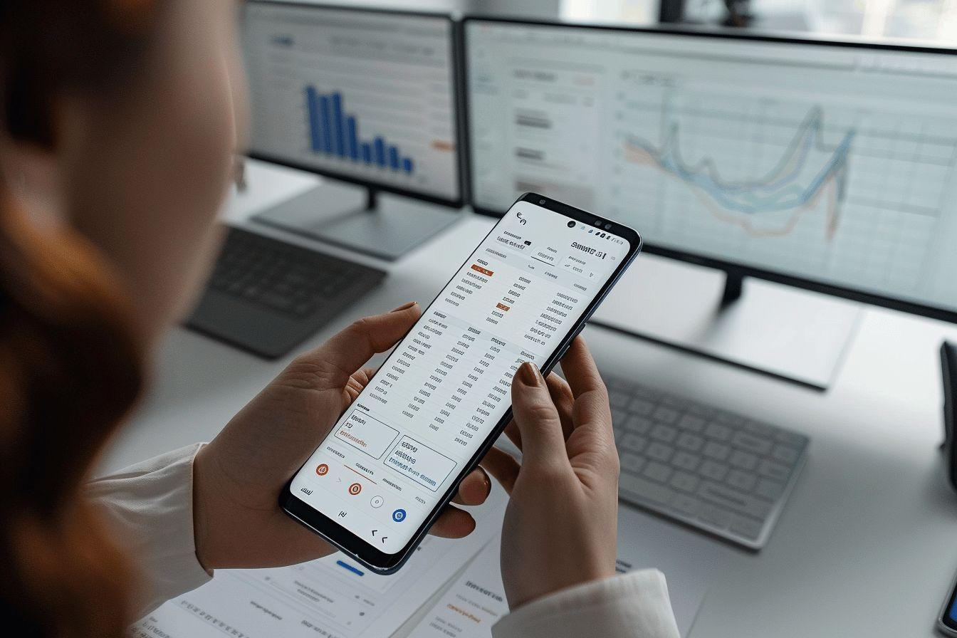 Un employé consulte des données financières sur son smartphone.