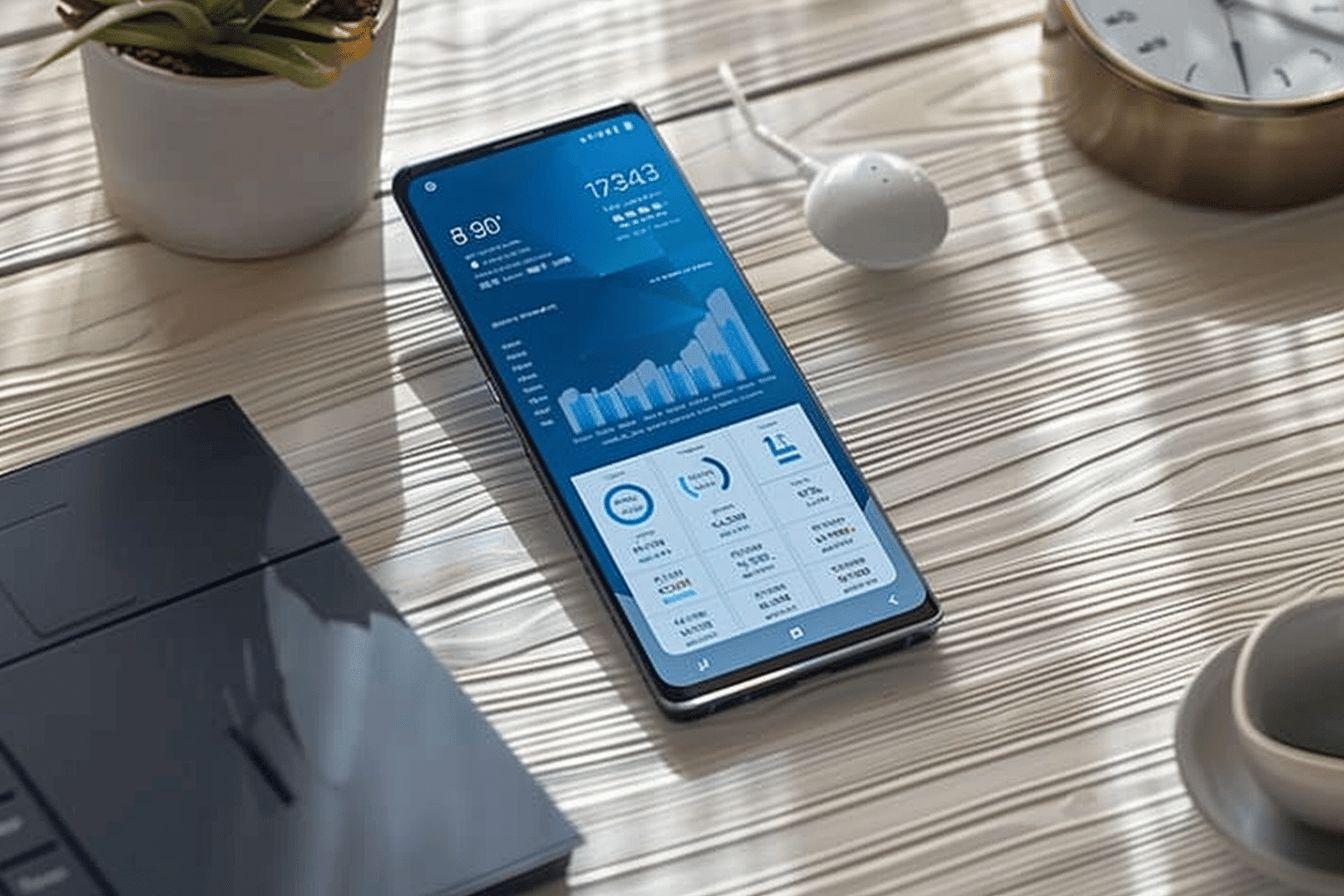 Gros plan sur un smartphone affichant des données analytiques et des graphiques