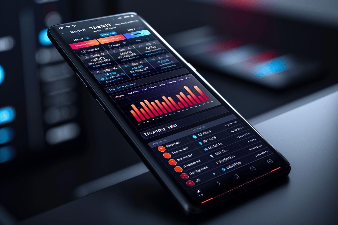 Écran de smartphone affichant des données et graphiques complexes