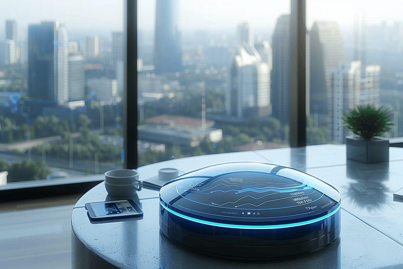 Appareil high-tech sur un bureau avec vue sur un paysage urbain