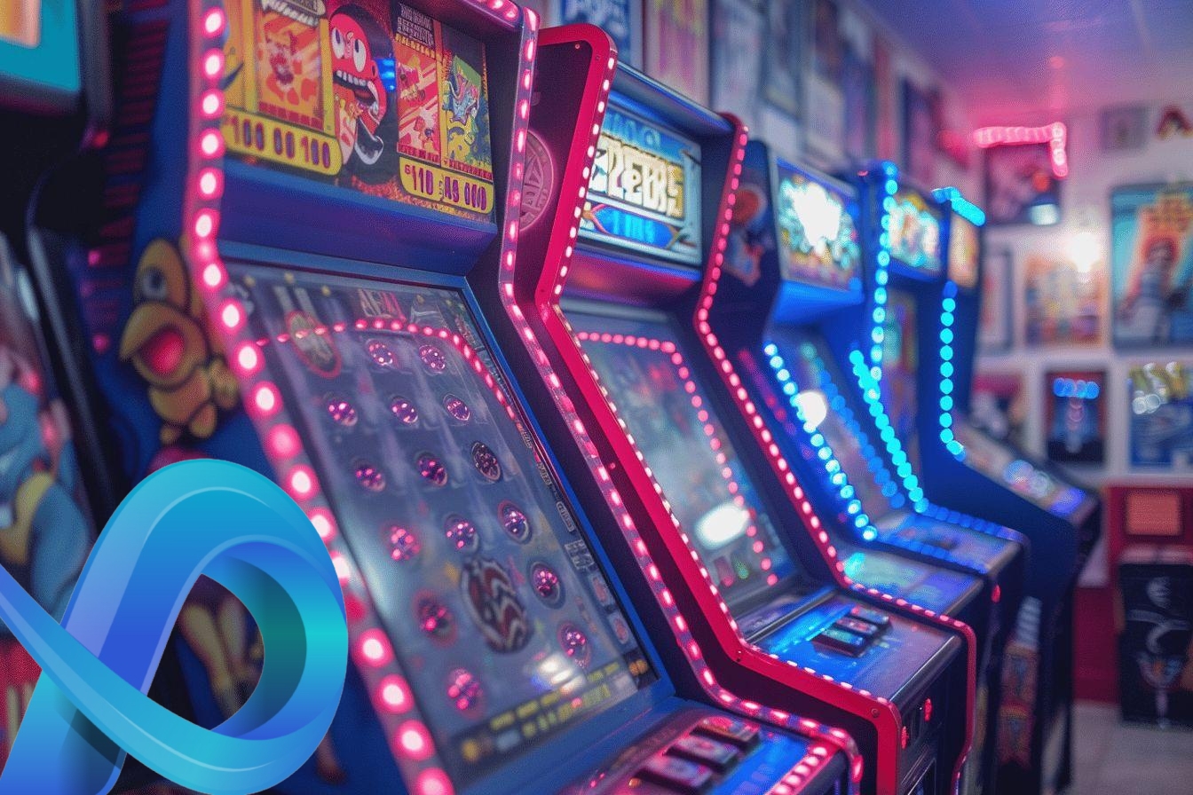 Rangée de bornes d'arcade rouges et bleues avec affichages lumineux