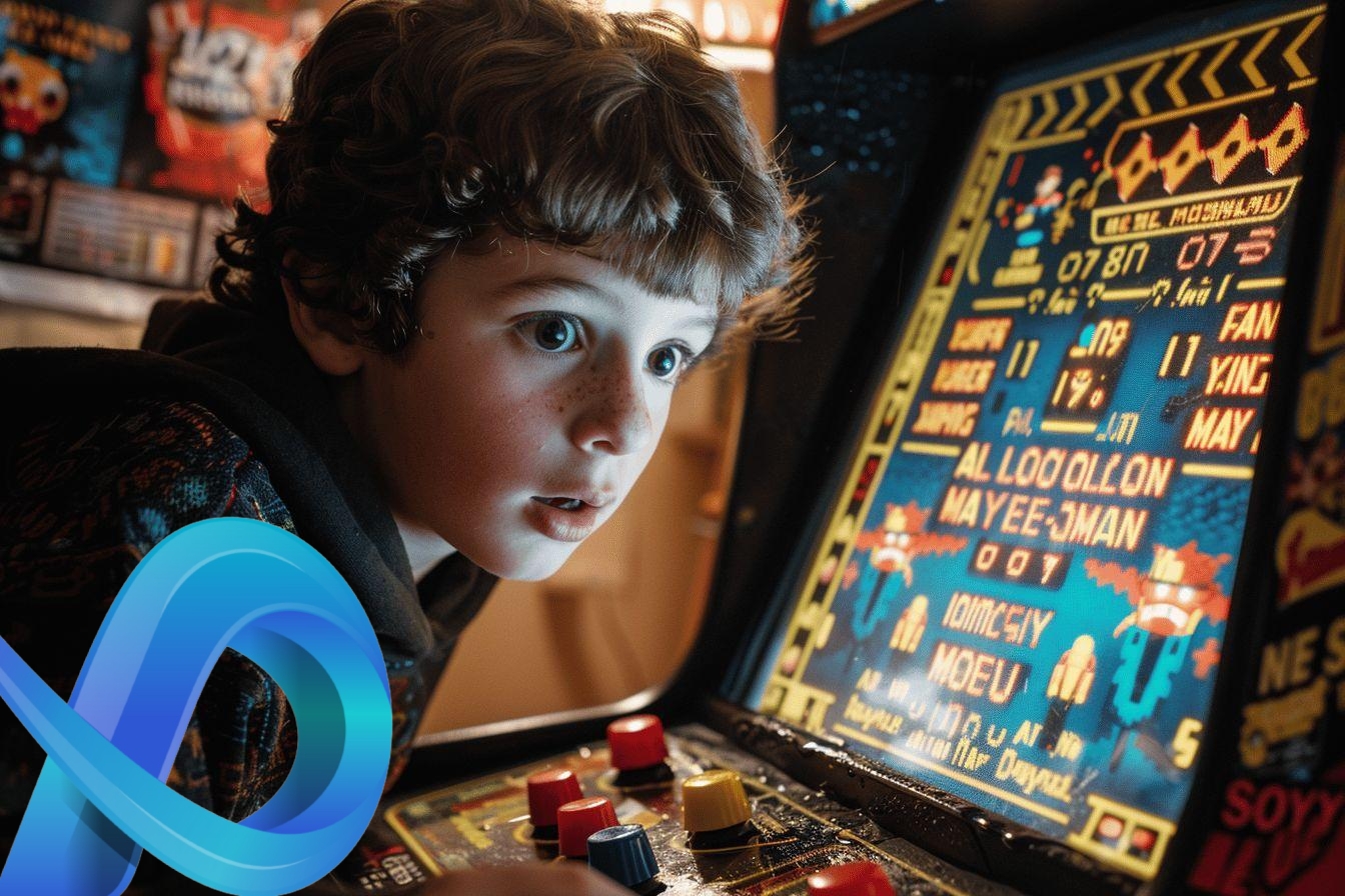 Jeune garçon jouant à un jeu rétro sur un écran lumineux