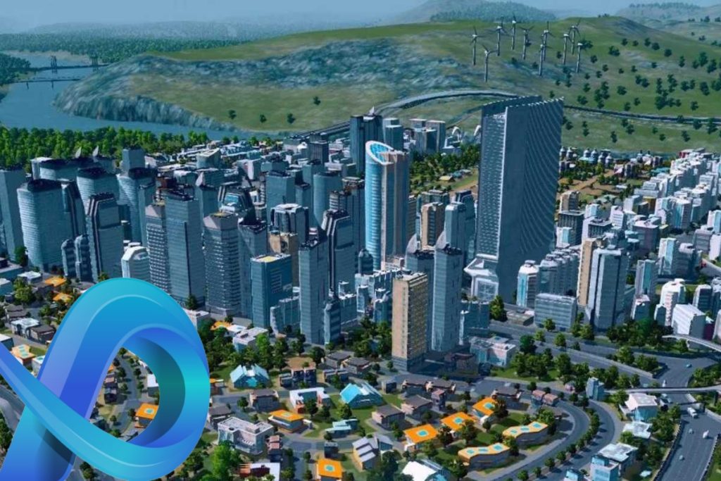 Une image d’une ville avec une flèche bleue.