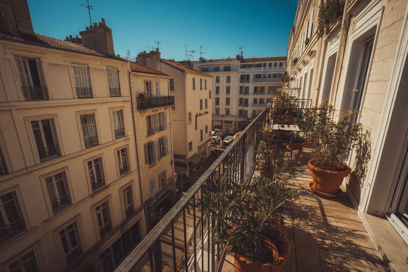 Un balcon parisien avec des plantes et une vue sur les toits de la ville.