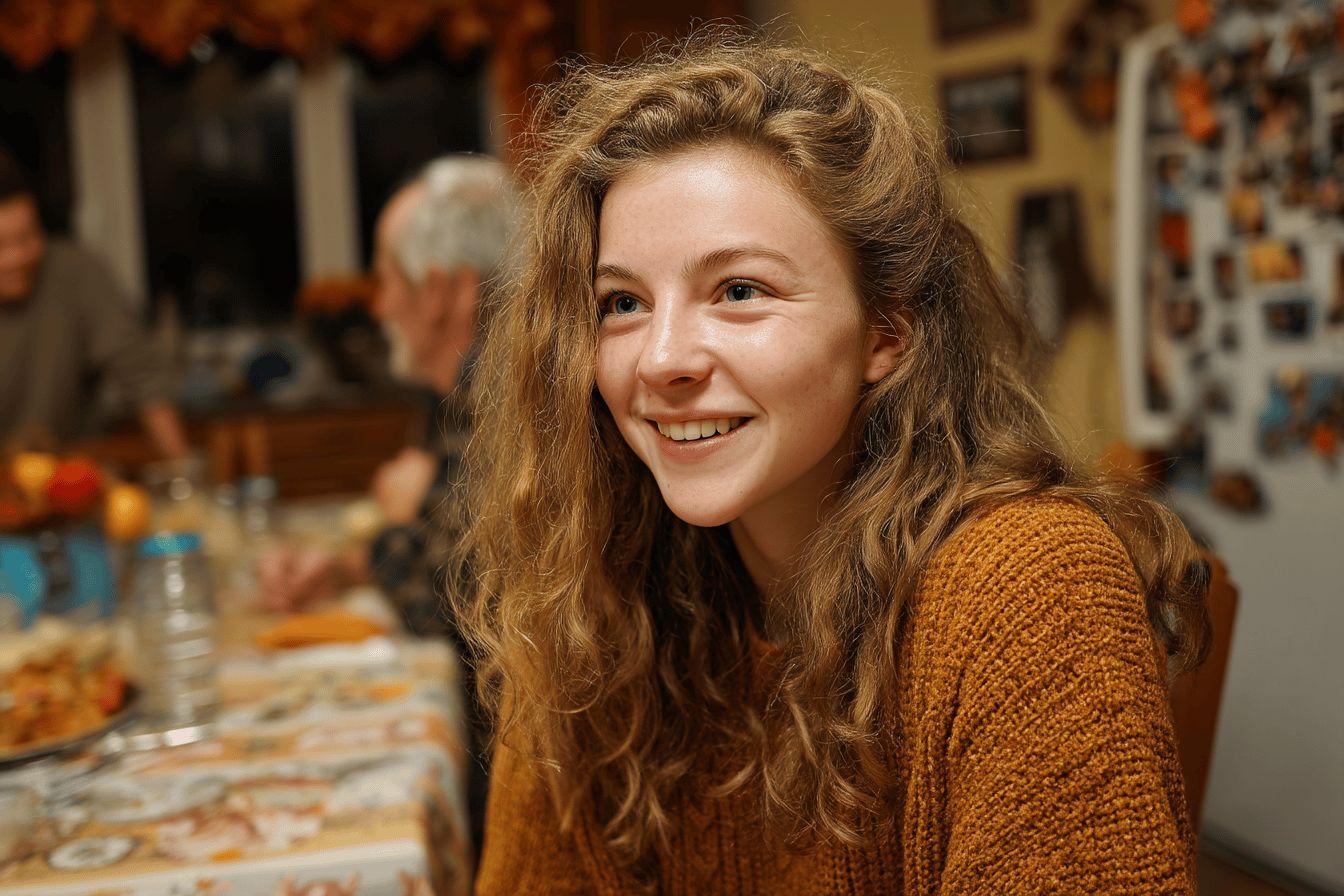 Une jeune femme souriante aux cheveux bouclés et vêtue d'un pull moutarde