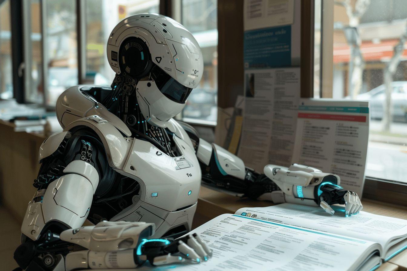 Un robot anthropomorphique blanc et bleu étudie attentivement des documents.