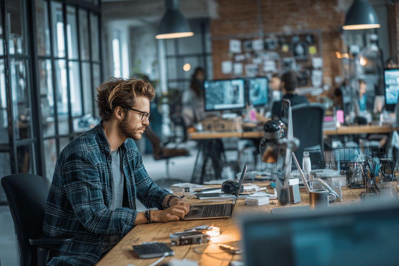 Un homme barbu, lunettes sur le nez, travaille sur un ordinateur portable dans un bureau éclairé.