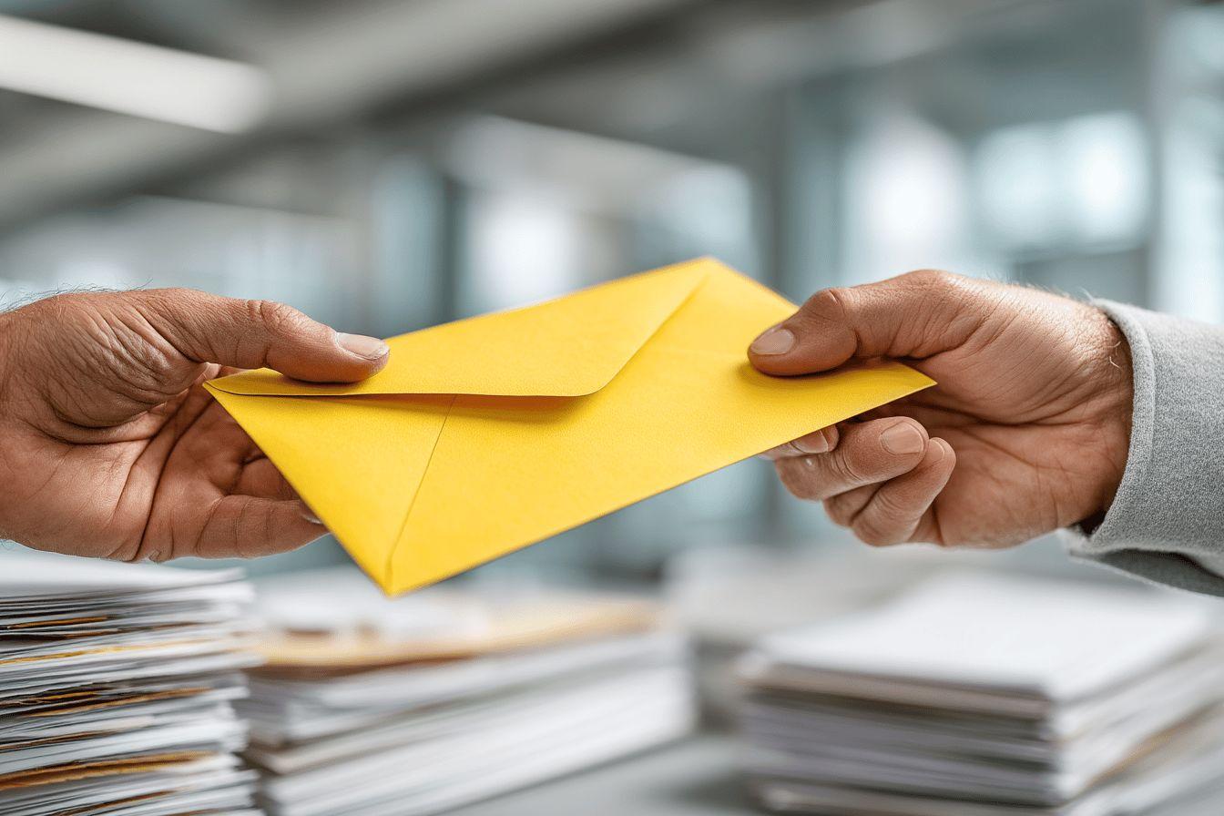 Mains tenant une enveloppe jaune sur un bureau de bureau