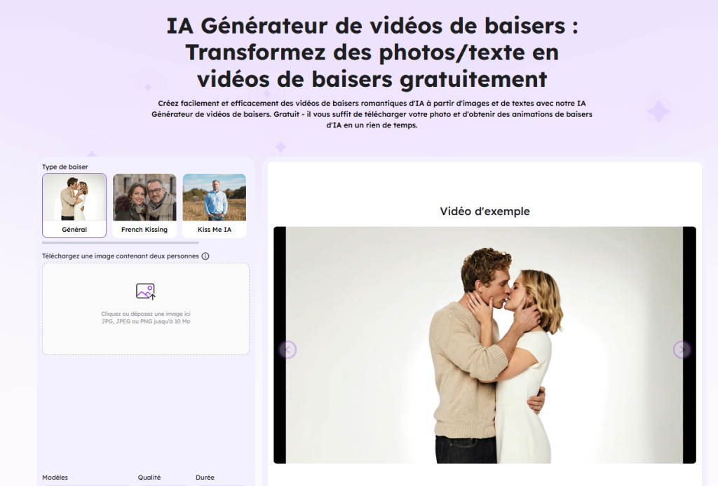 Capture d'écran d'un site web proposant un générateur de vidéos d'IA pour des scènes de baisers, montrant un exemple de vidéo de deux personnes s'embrassant et des options de téléchargement sur le côté gauche.