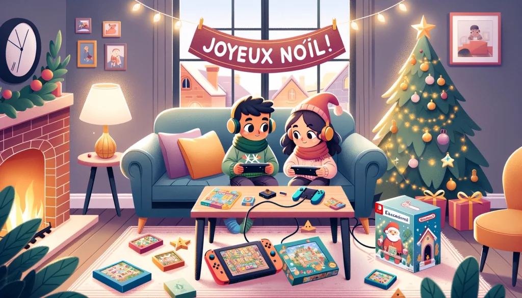 Une fille et un garçon assis sur un canapé devant un sapin de Noël.