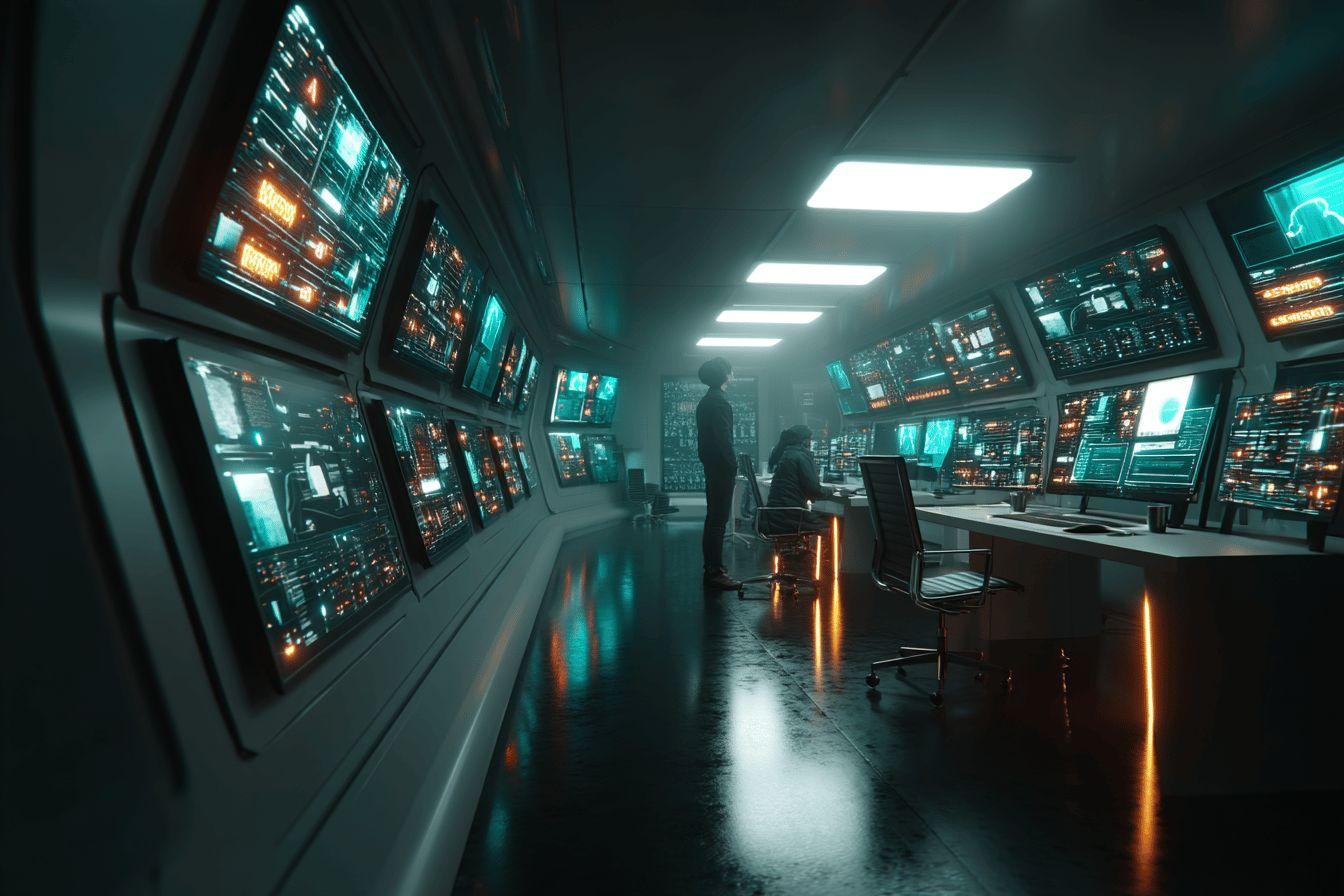 Salle de contrôle futuriste avec écrans lumineux et silhouettes de personnes