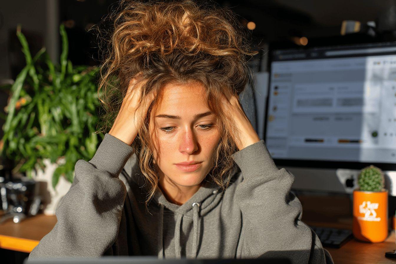 Une femme aux cheveux bouclés bruns et rouges réfléchissant avec concentration