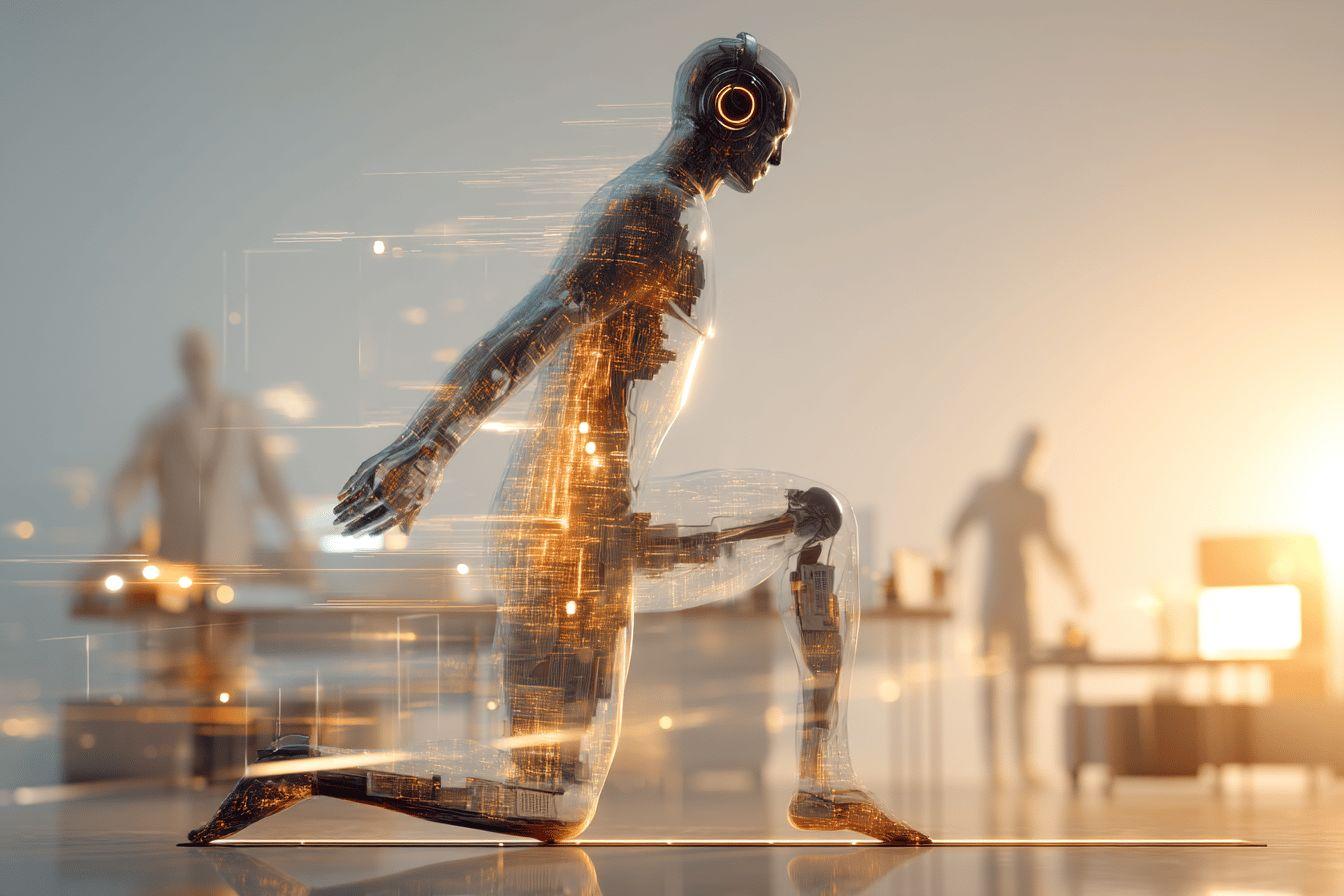 Robot transparent avec circuits lumineux dans une pose dynamique