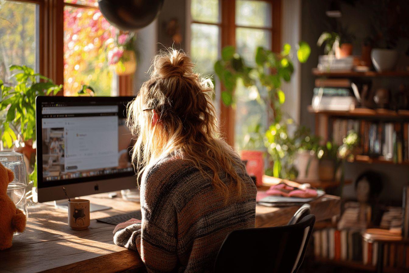 Une personne travaille sur un ordinateur dans un environnement confortable et chaleureux.
