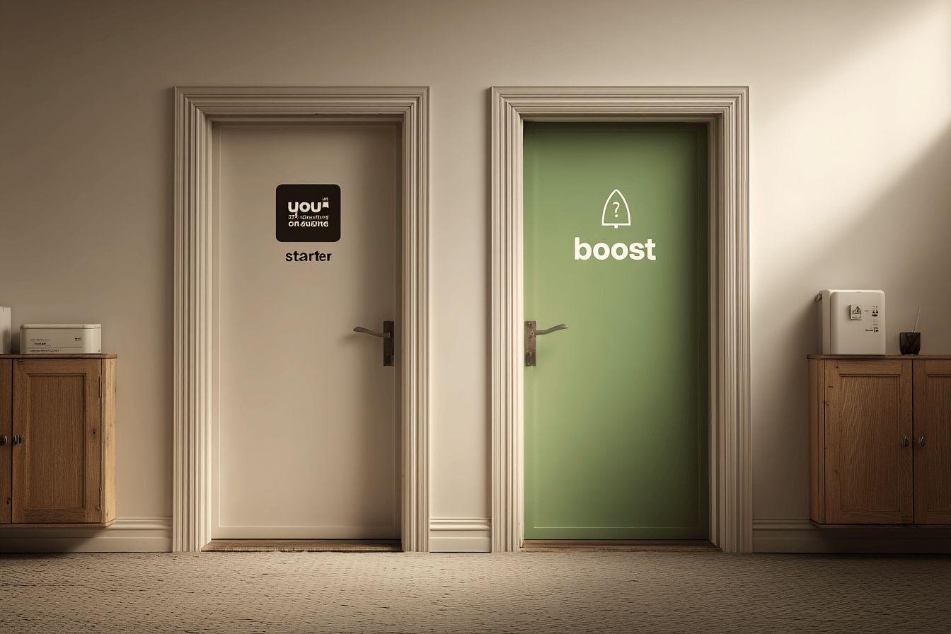 Deux portes de chambre, l'une avec l'inscription 'Starter', l'autre avec 'Boost'