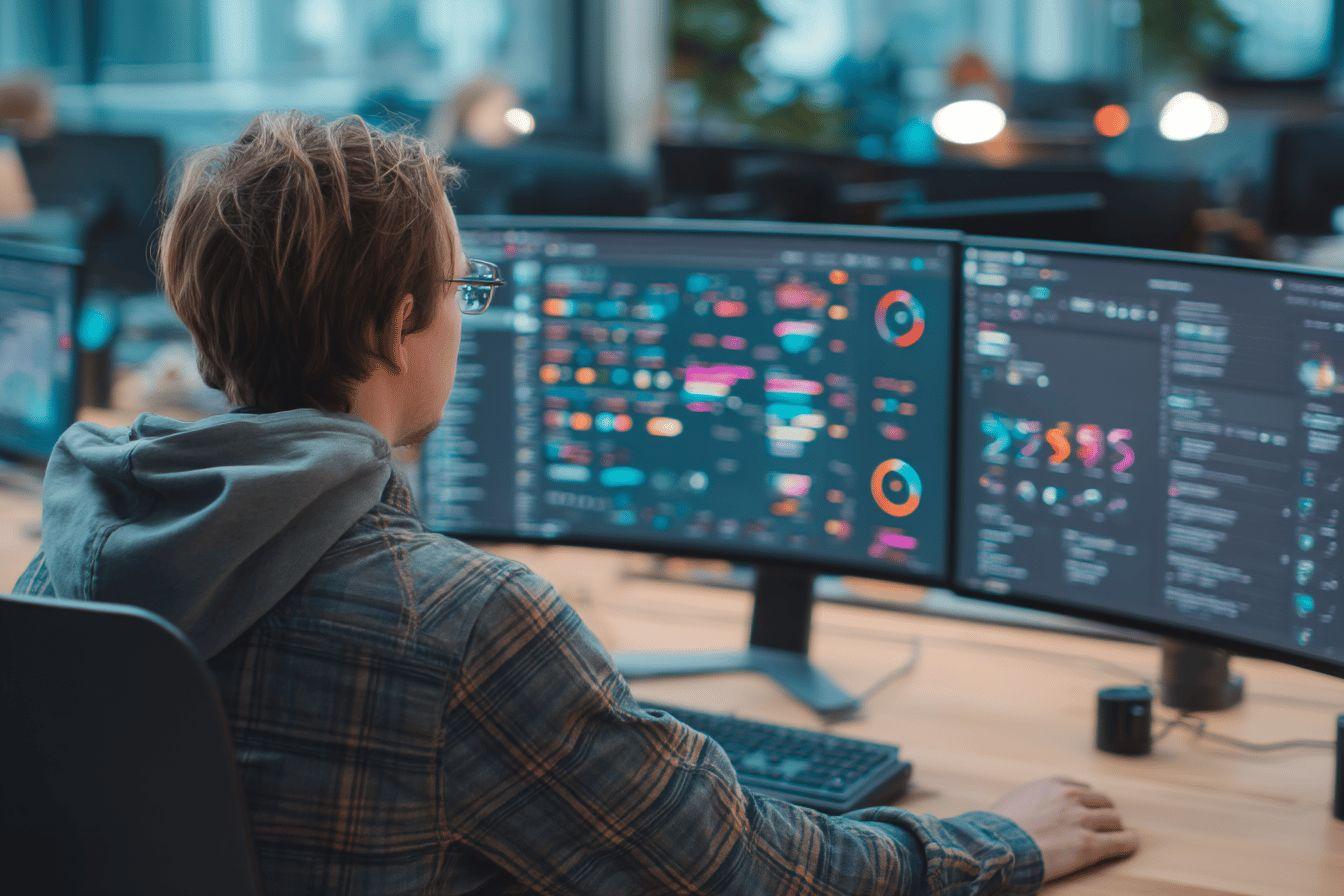 Un homme travaillant sur un ordinateur avec de multiples écrans affichant du code.