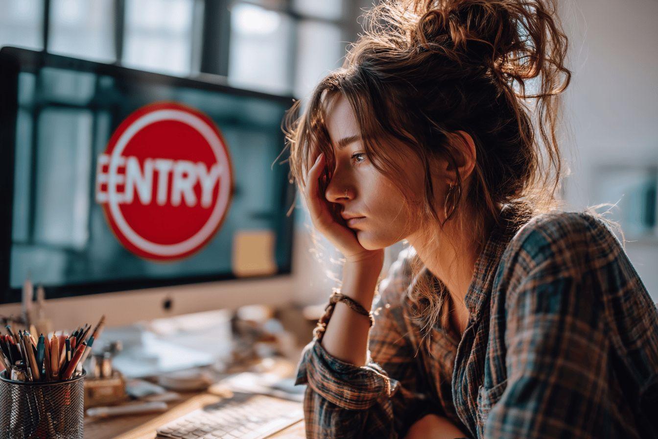 Jeune femme aux cheveux ébouriffés face à un panneau d'entrée