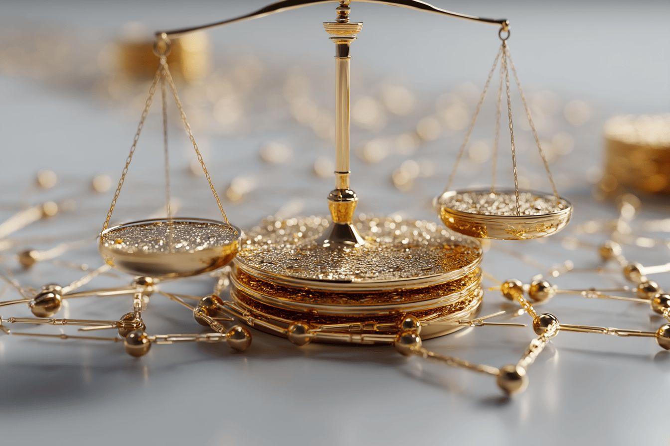 Une balance de justice dorée avec des bijoux éparpillés autour.