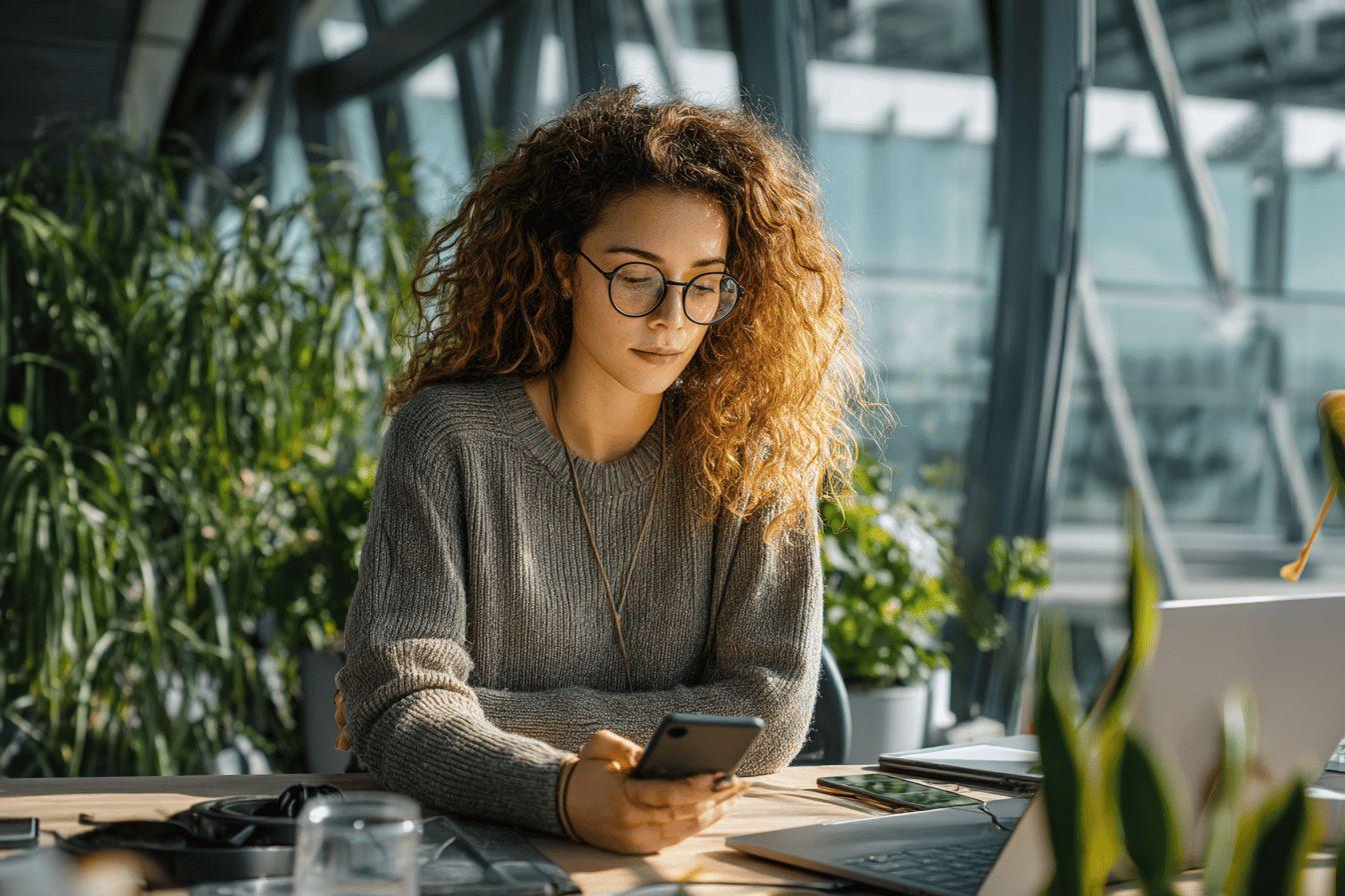 Une jeune femme aux cheveux bouclés bruns, portant des lunettes, est concentrée sur son téléphone portable