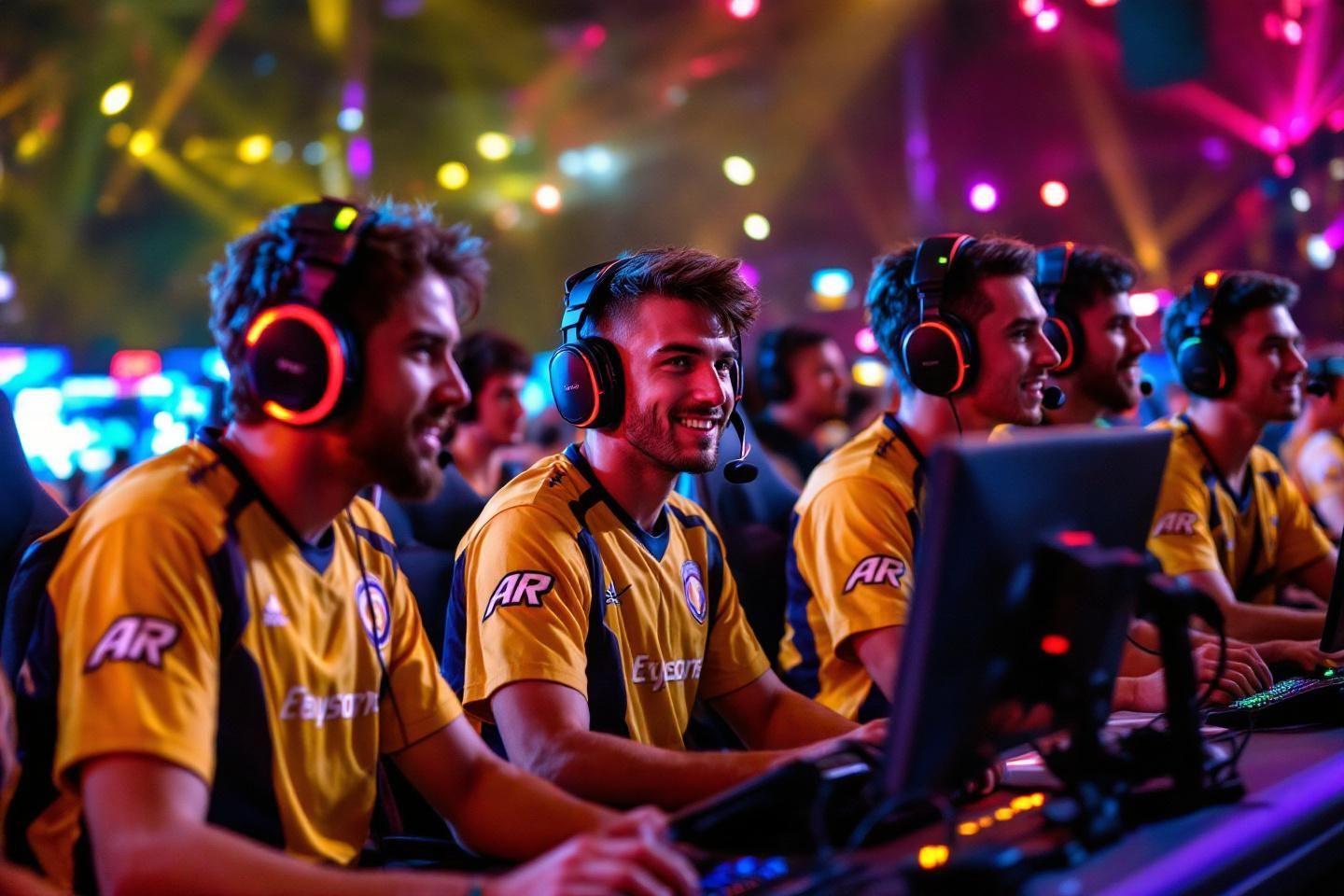 Joueurs professionnels en jaune aux écouteurs lumineux