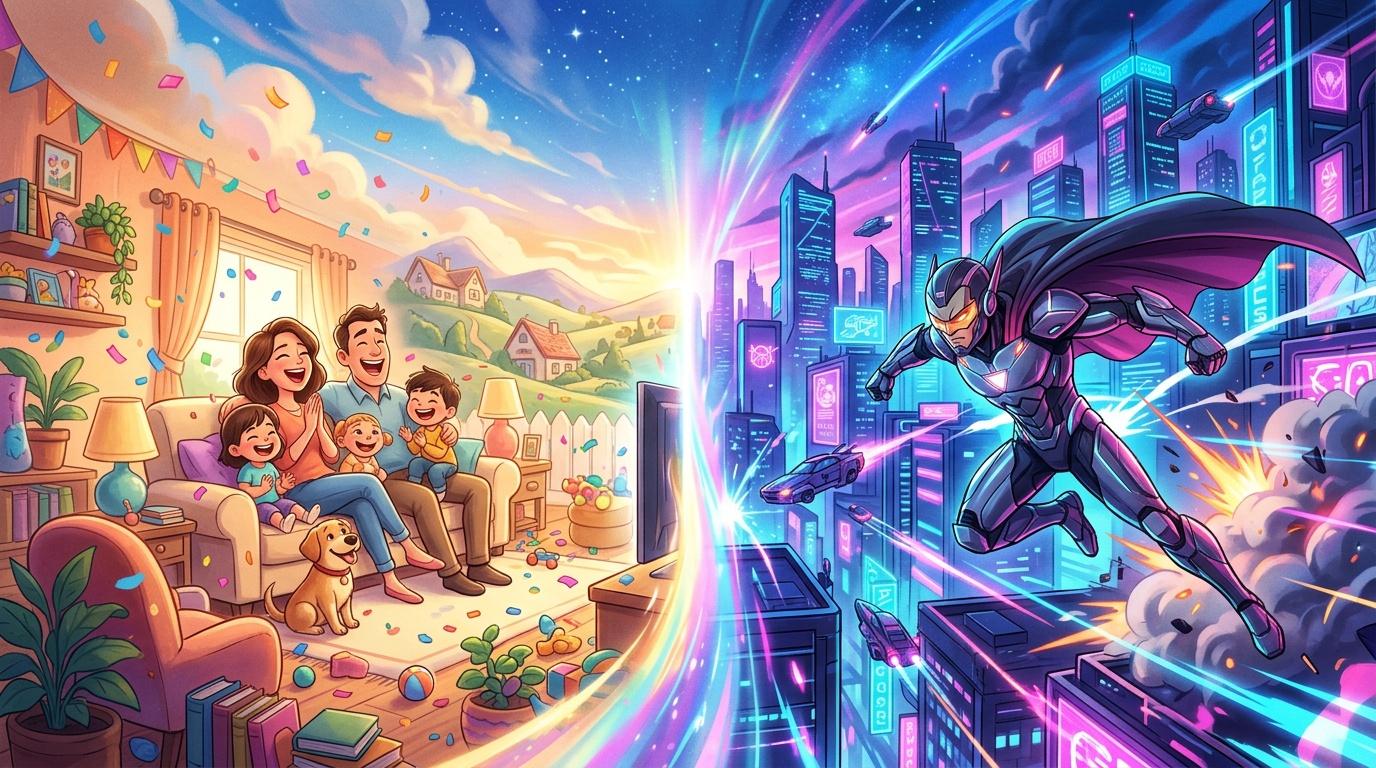 Famille joyeuse dans monde virtuel futuriste neon