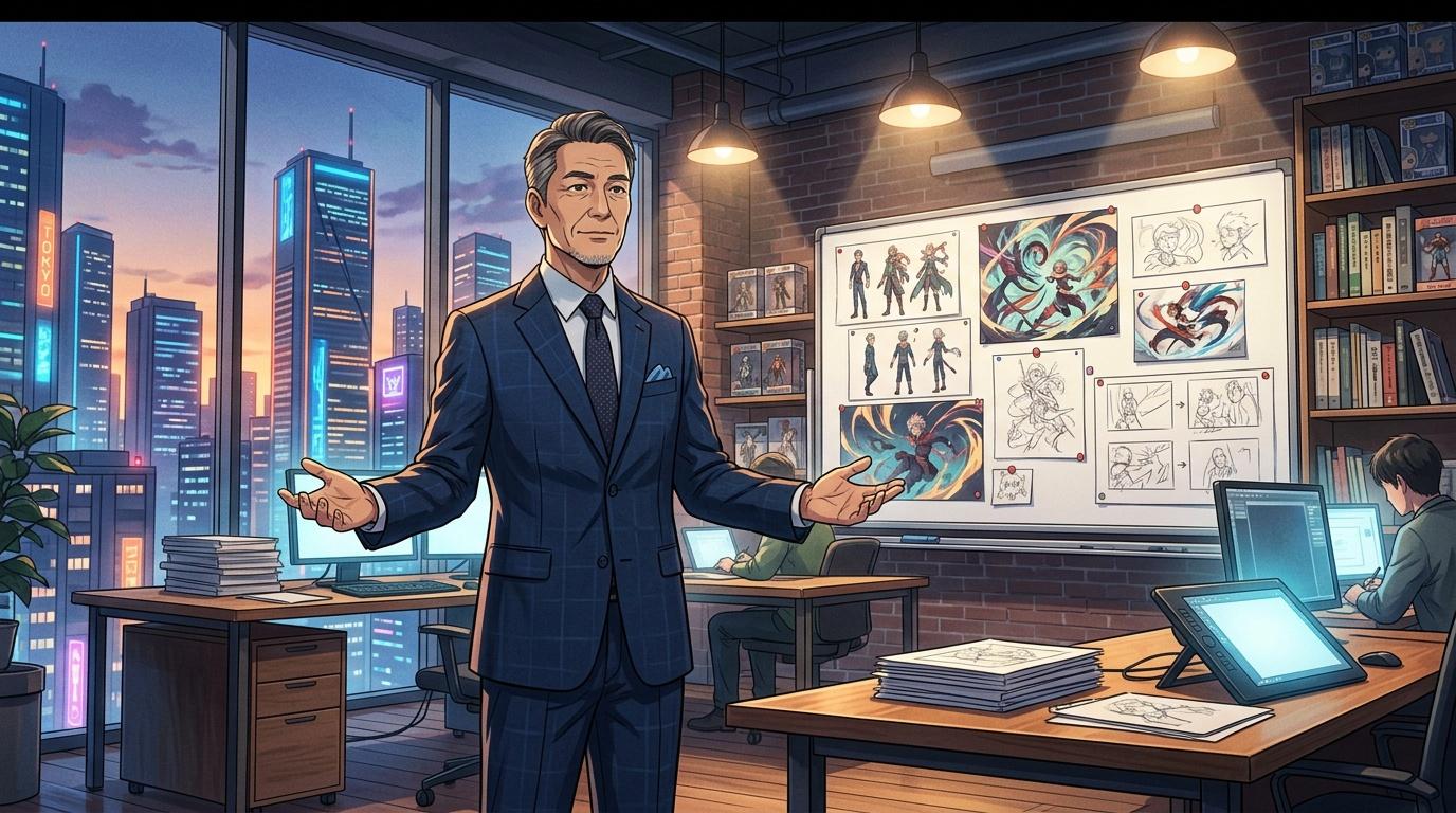 Homme en costume dirige réunion dans bureau moderne avec sketches