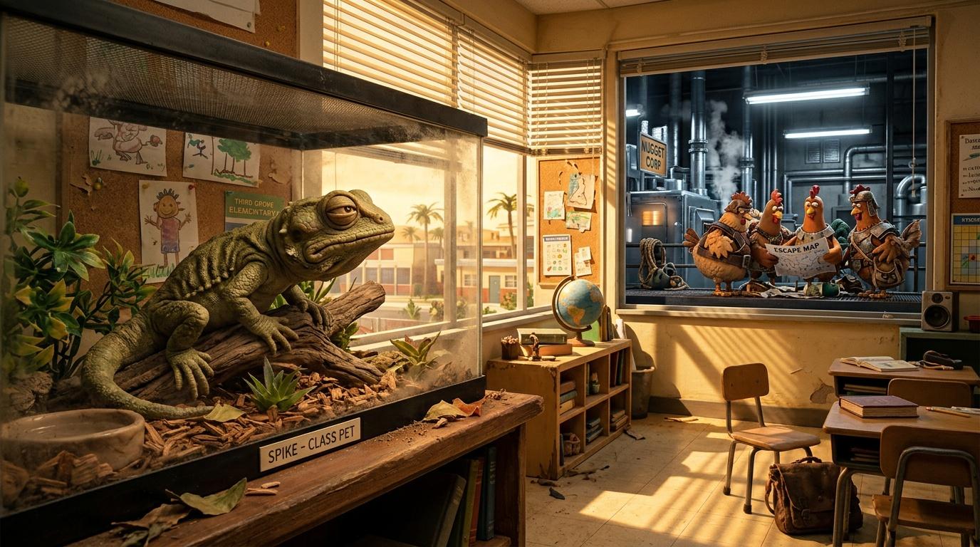 Classe abandonnée avec terrarium contenant un iguane nommé Spike