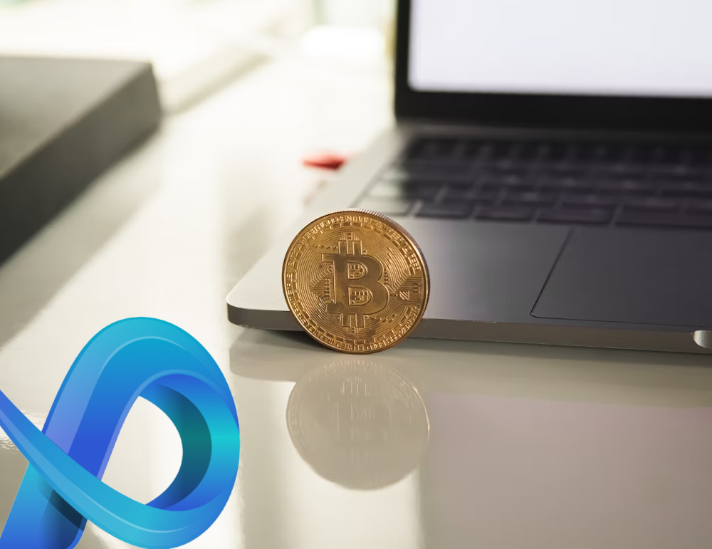 Une pièce Bitcoin est placée sur le bord du clavier d’un ordinateur portable, avec un symbole de ruban bleu et vert tourbillonnant au premier plan.