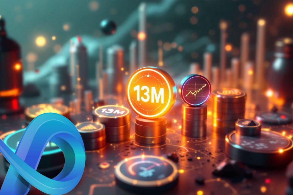 Des piles de pièces et des graphiques financiers numériques, dont un chiffre « 13M » et un graphique en hausse, affichés sur un circuit imprimé lumineux avec un logo en ruban bleu au premier plan.