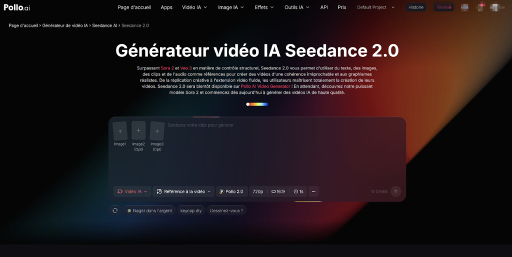 Capture d'écran de la page web de Pollo.ai montrant l'interface du générateur de vidéos Seedance 2.0 AI avec un fond sombre et un texte en français.