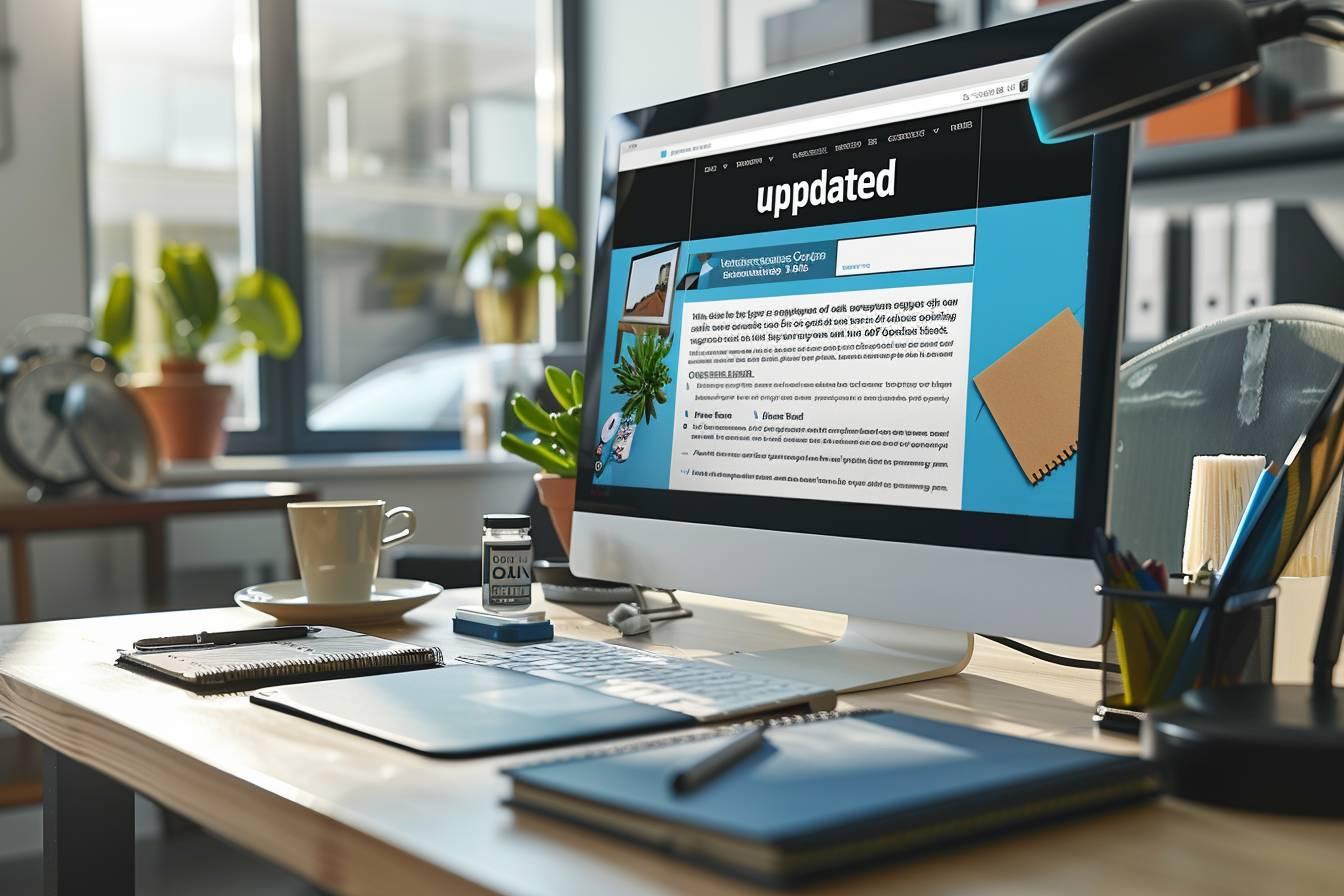 Bureau de travail avec ordinateur affichant une page web mise à jour