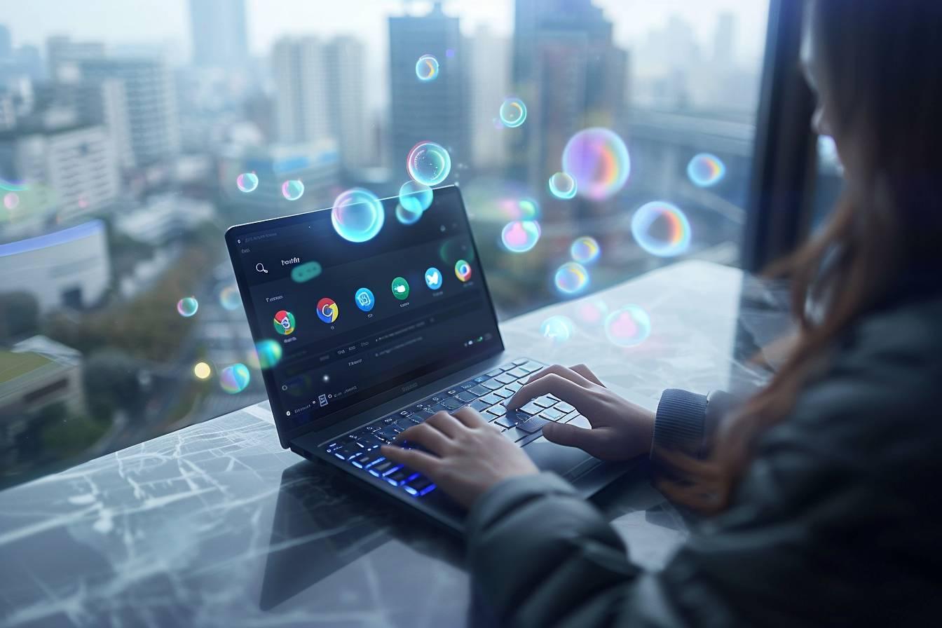 Une personne utilisant un ordinateur portable entourée de bulles colorées dans un paysage urbain.