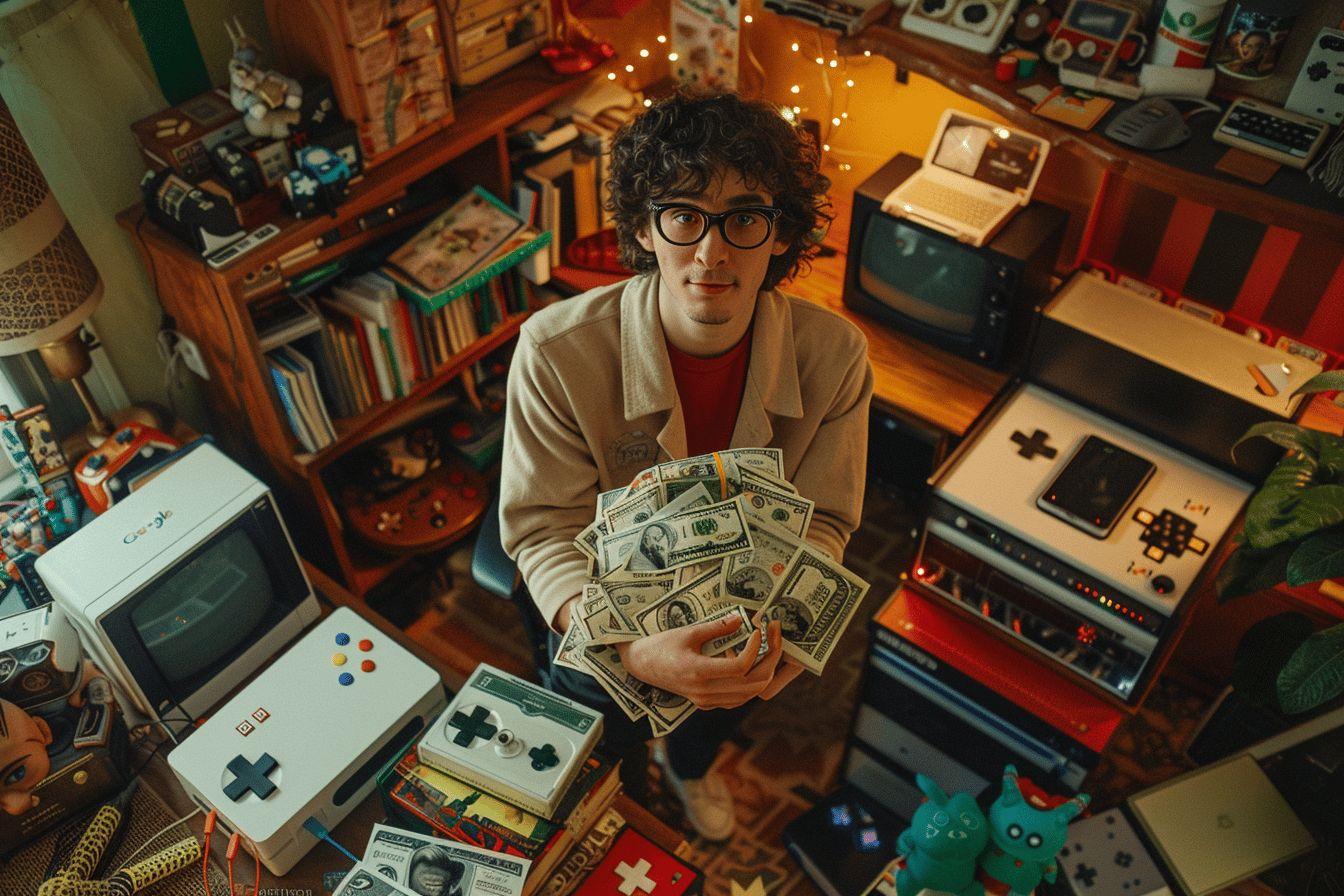 Portrait d'un homme entouré de jeux vidéo et d'accessoires.