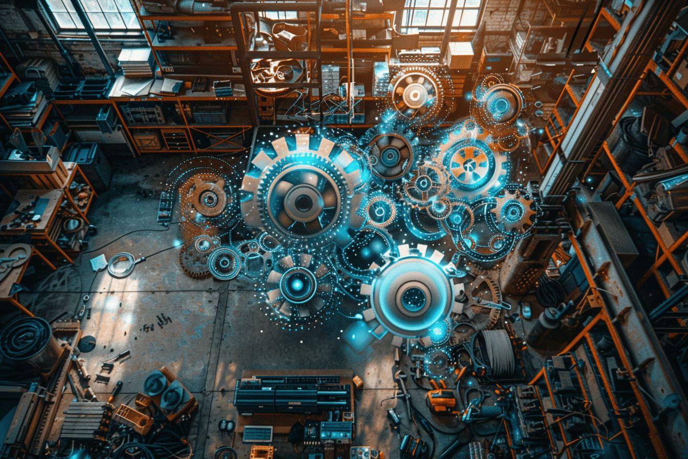 Gros plan sur un assemblage de rouages et engrenages de machine complexe