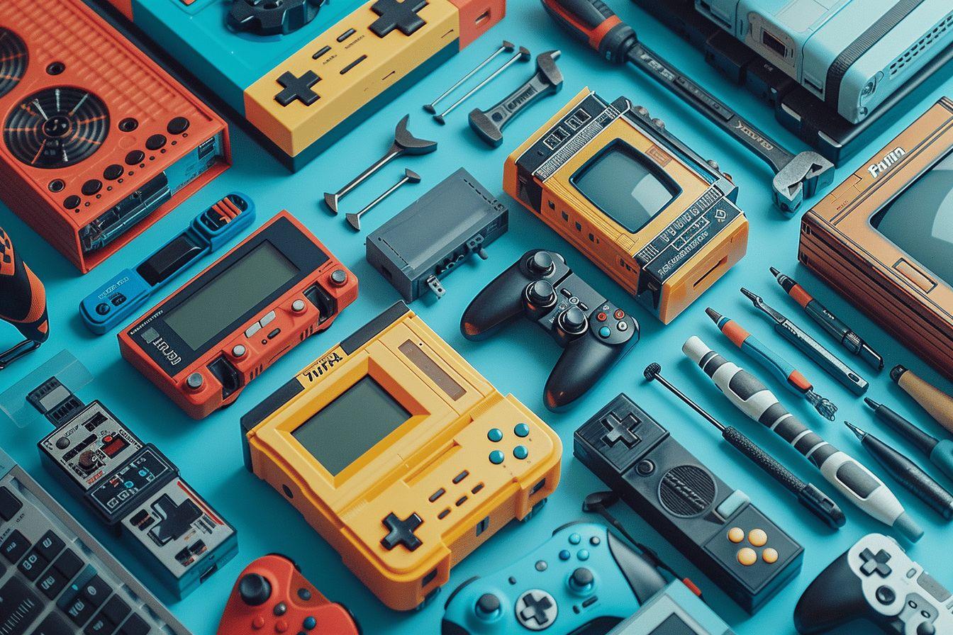 Une vari&eacute;t&eacute; de consoles de jeux vid&eacute;o et d'accessoires r&eacute;tro sur un fond turquoise