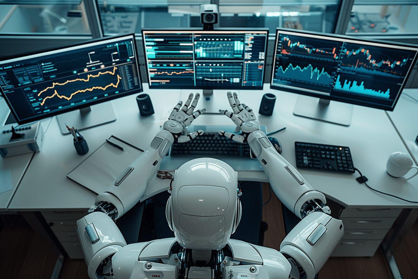Robot assis &agrave; un bureau avec plusieurs &eacute;crans affichant des graphiques et des donn&eacute;es financi&egrave;res