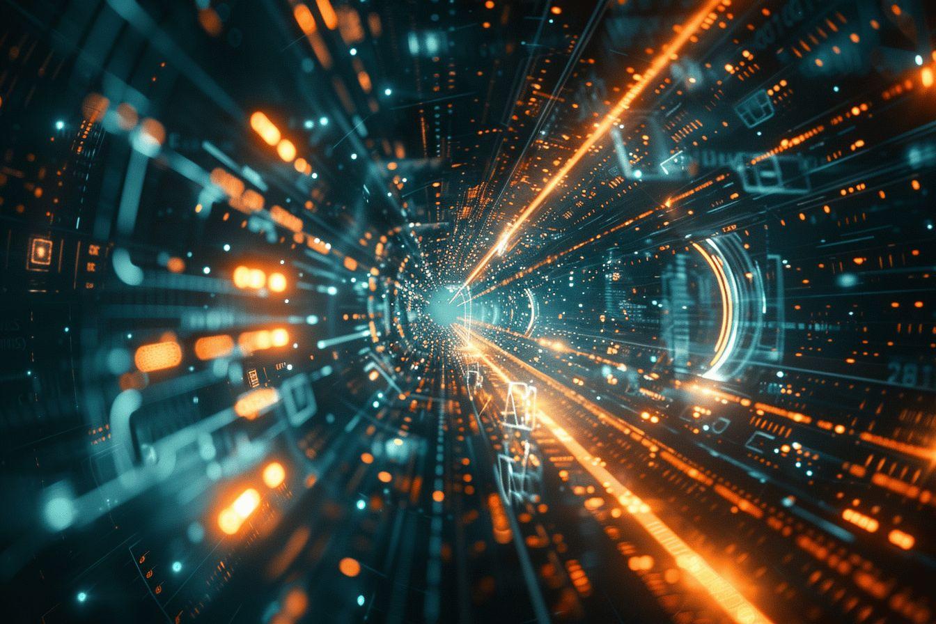 Image d'un tunnel cybern&eacute;tique futuriste rempli de lumi&egrave;res brillantes et de formes g&eacute;om&eacute;triques