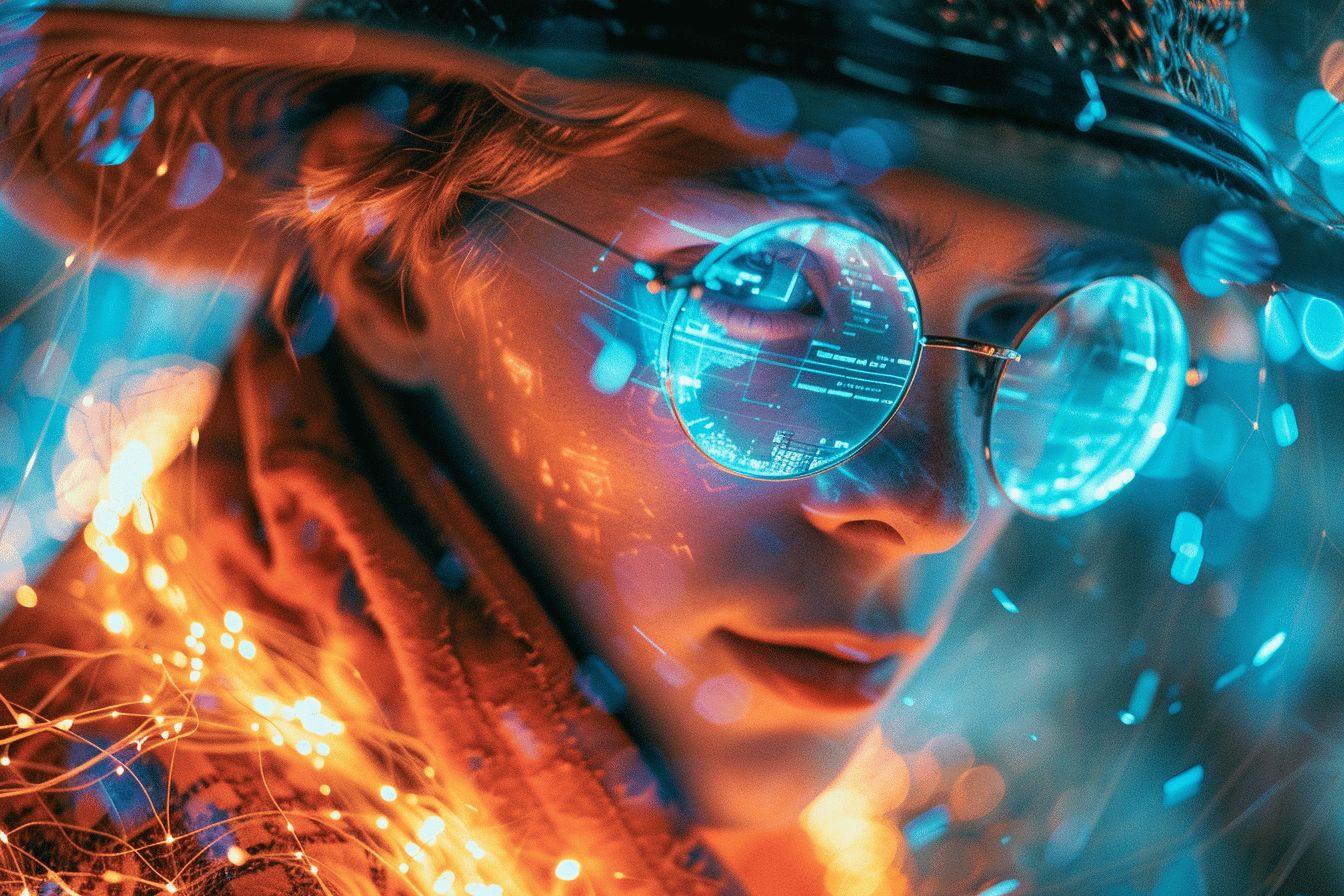 Gros plan d'un visage envelopp&eacute; dans une ambiance de lumi&egrave;res color&eacute;es et scintillantes.