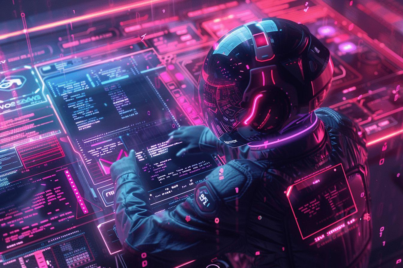 Un hacker cyberpunk dans un environnement num&eacute;rique color&eacute; et futuriste