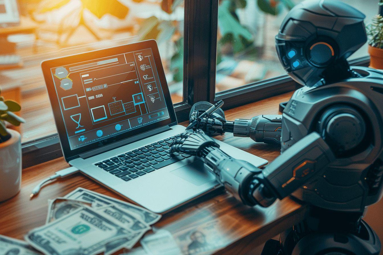 Image d'un ordinateur portable avec un tableau de bord et une main robotique sur le clavier, entour&eacute; de billets de banque.