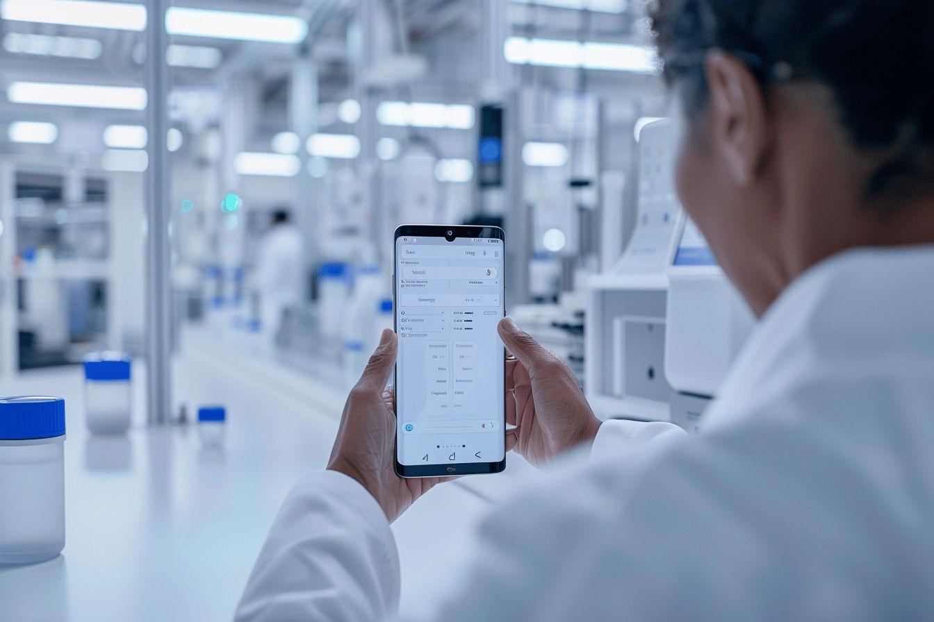 Gros plan sur un employ&eacute; en blouse blanche utilisant un smartphone dans un laboratoire m&eacute;dical