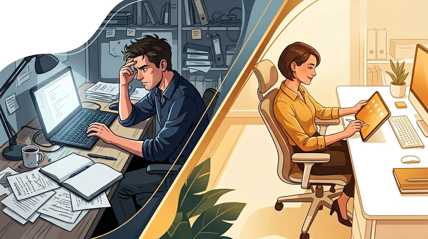 Homme stressé dans bureau chaotique versus femme organisée dans espace lumineux